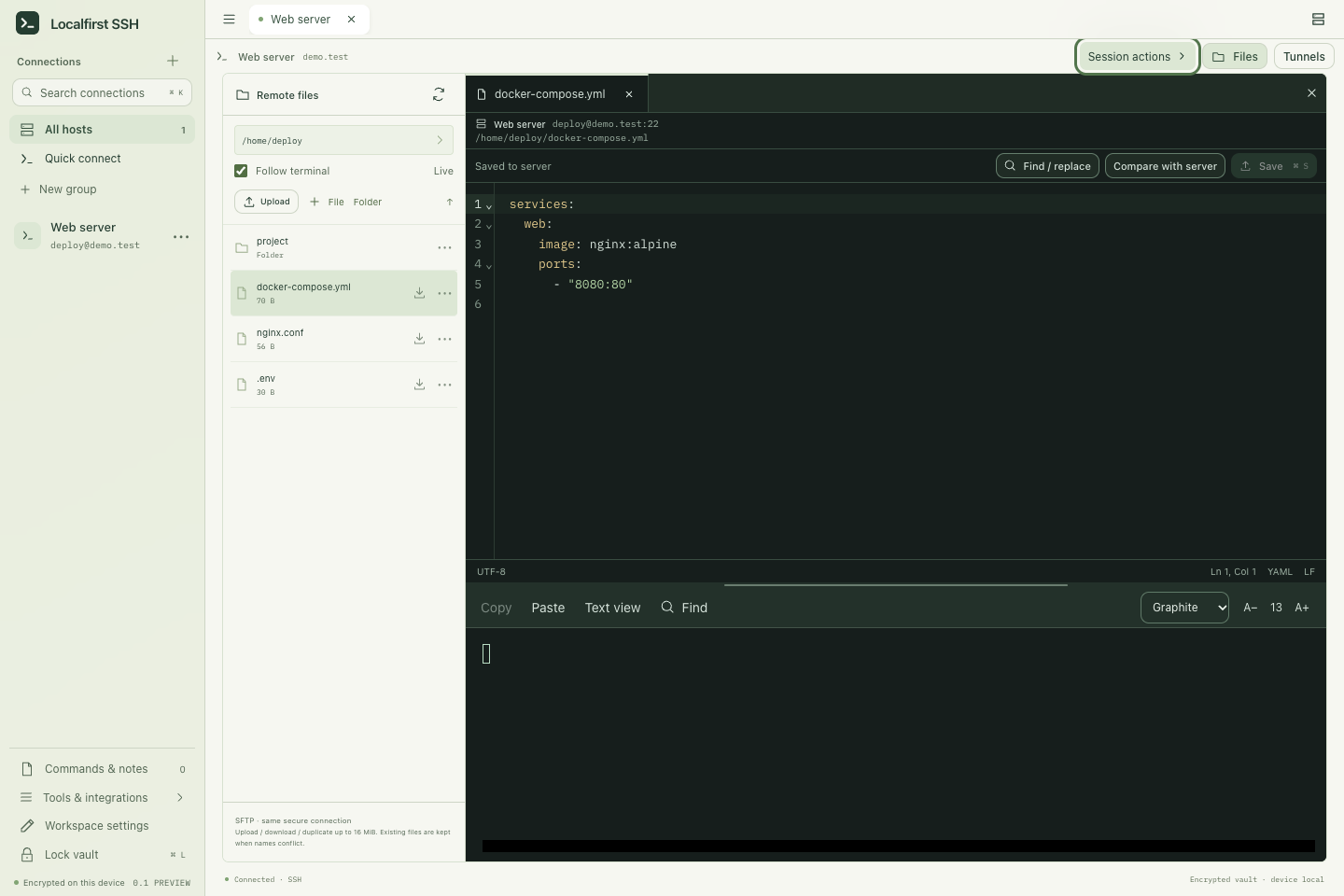 Localfirst SSH workspace with a server library, terminal and remote text editor